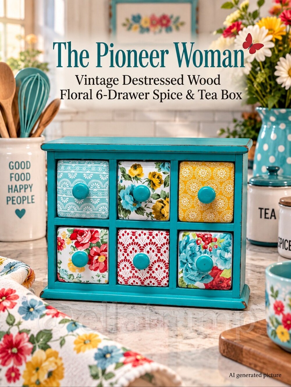 The Pioneer Woman Vintage Destressed Wood Floral 6-Drawer Spice & Tea Box